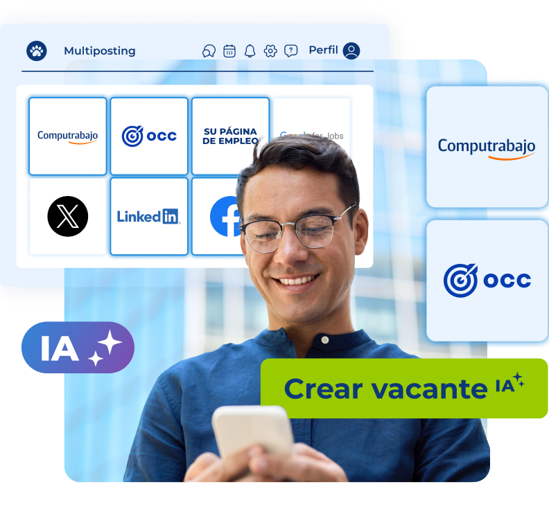 Hombre sonriente mirando su teléfono móvil. Sobre él aparecen los logos de las mejores fuentes de reclutamiento, como Computrabajo, OCC, página personaliada y RRSS, destacando la posibilidad de crear vacantes con la IA de Es-Remoto.Work.